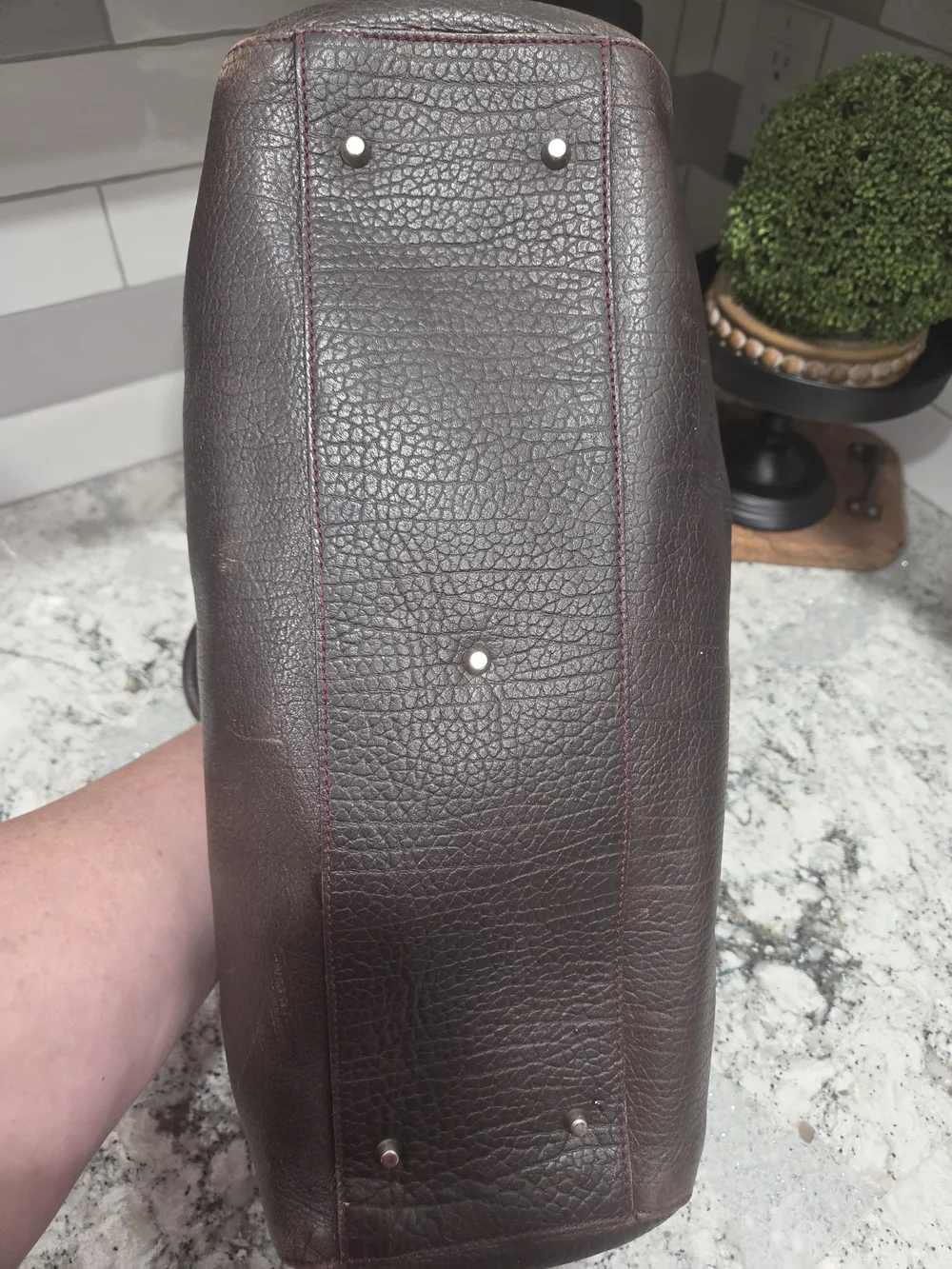 Furla Vintage Calf Skin Brown Leather Satchel with Red Tassel Accent